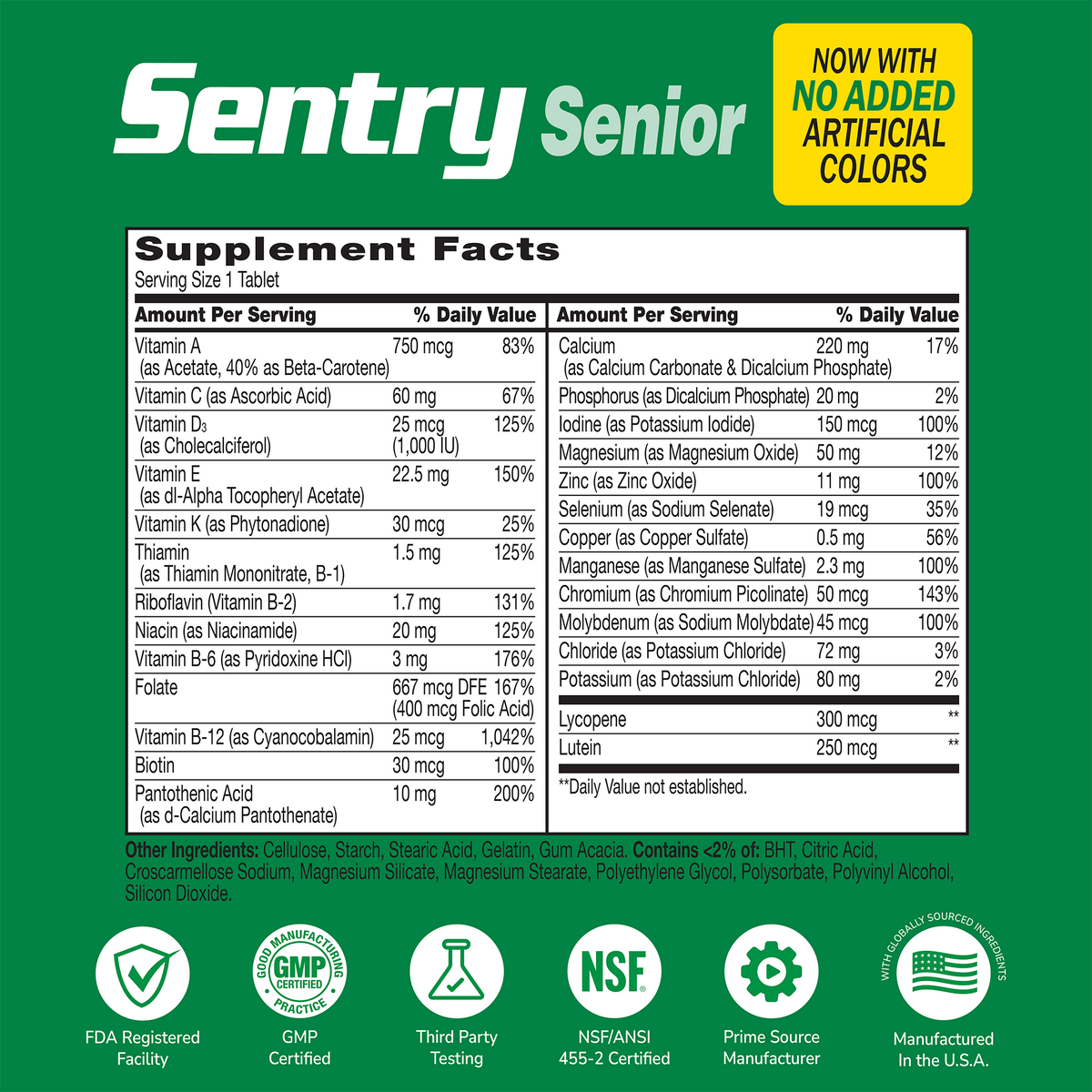 Supplement label for Sentry Senior with ingredient list and serving size on a green background with quality image icons 
