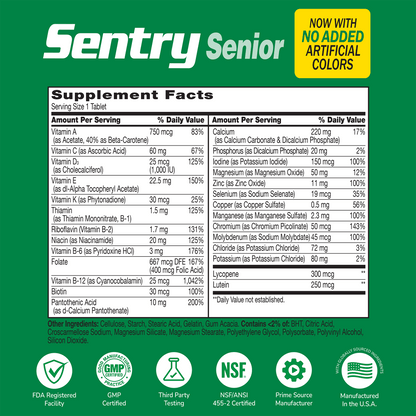Supplement label for Sentry Senior with ingredient list and serving size on a green background with quality image icons 