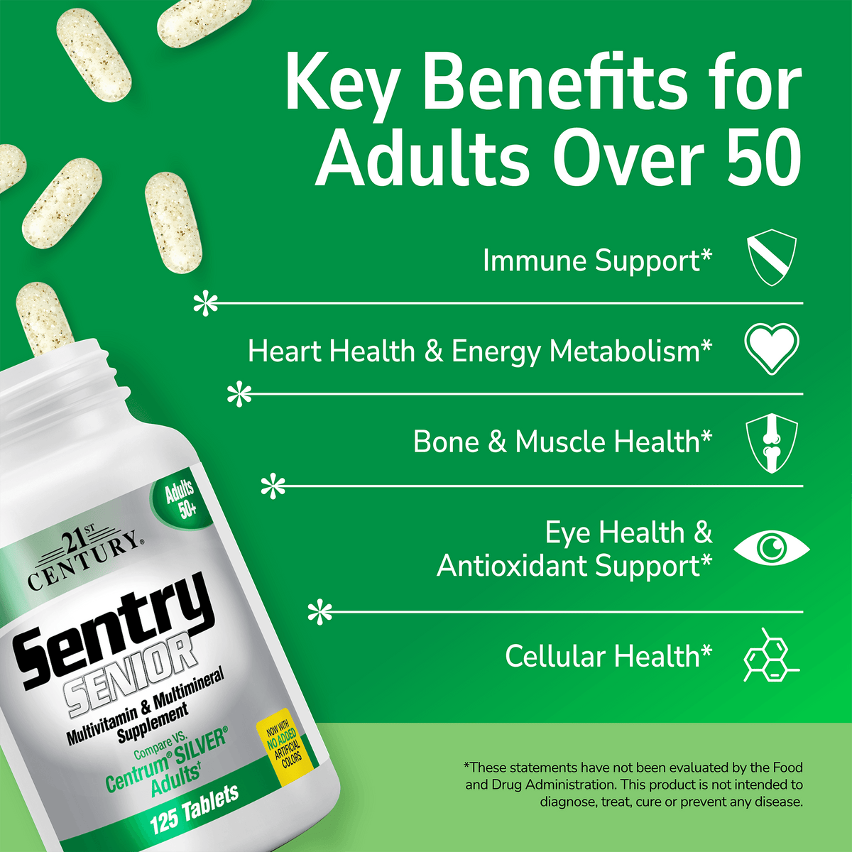 21st Century Sentry Senior supplement bottle with pills spilling out and white text on a green background