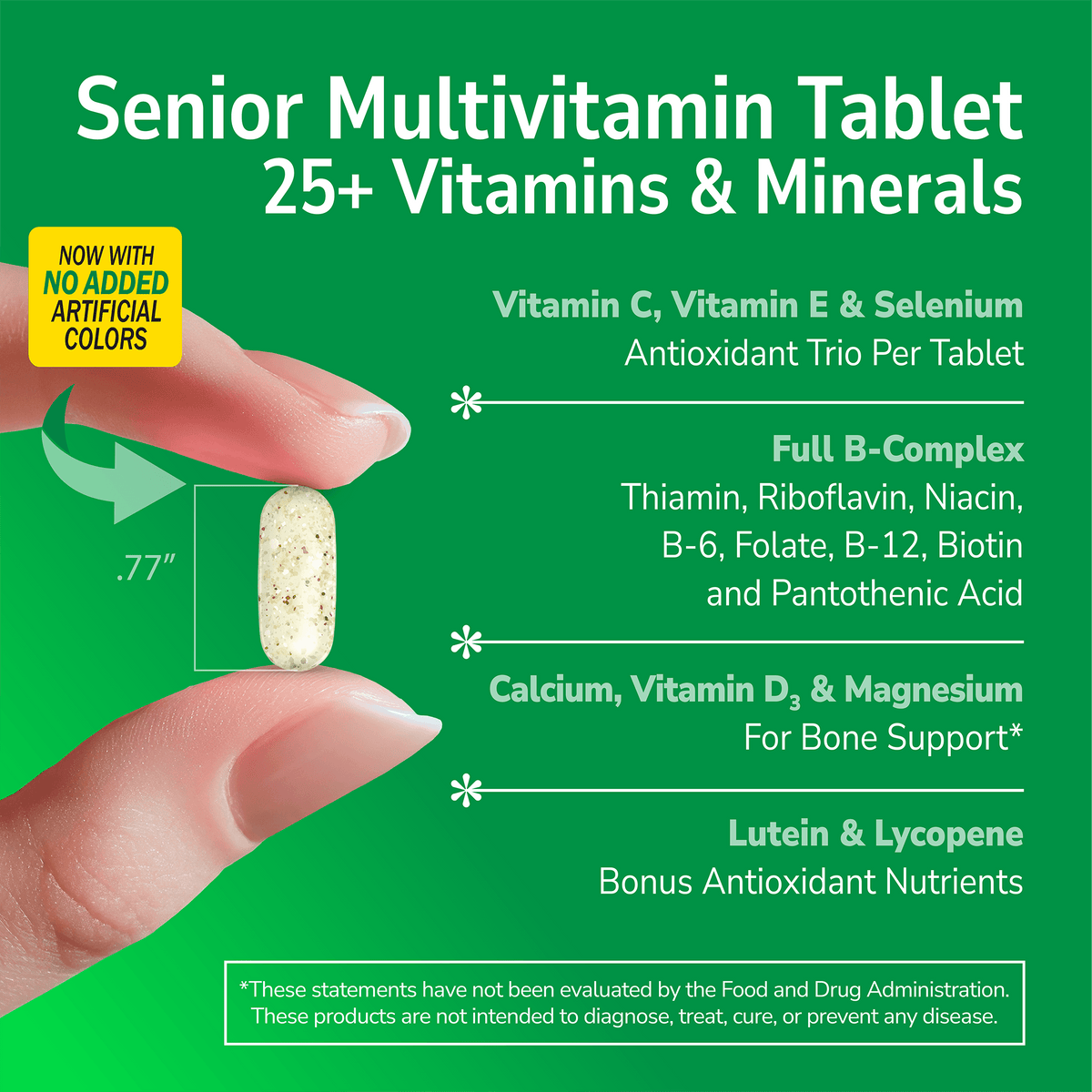 Hand holding a Sentry Senior supplement with text about product benefits on a green background