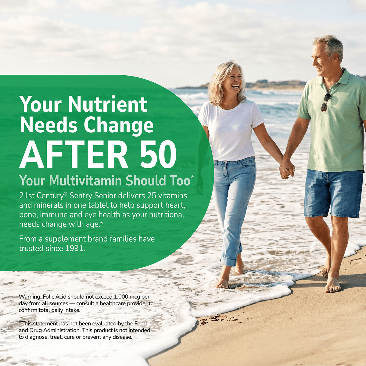 Couple walking on a beach with health supplement information overlay