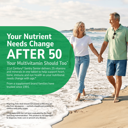 Couple walking on a beach with health supplement information overlay