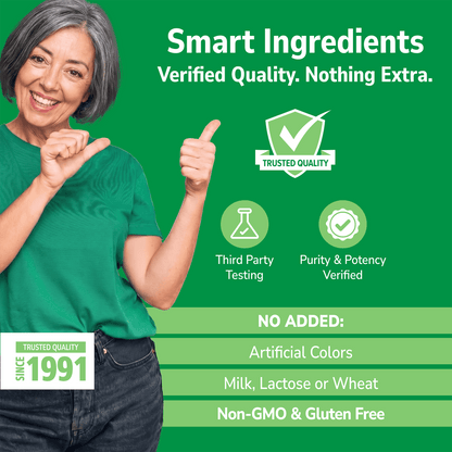 Woman holding her hand out with Smart Ingredients branding on a blue background and No Added info