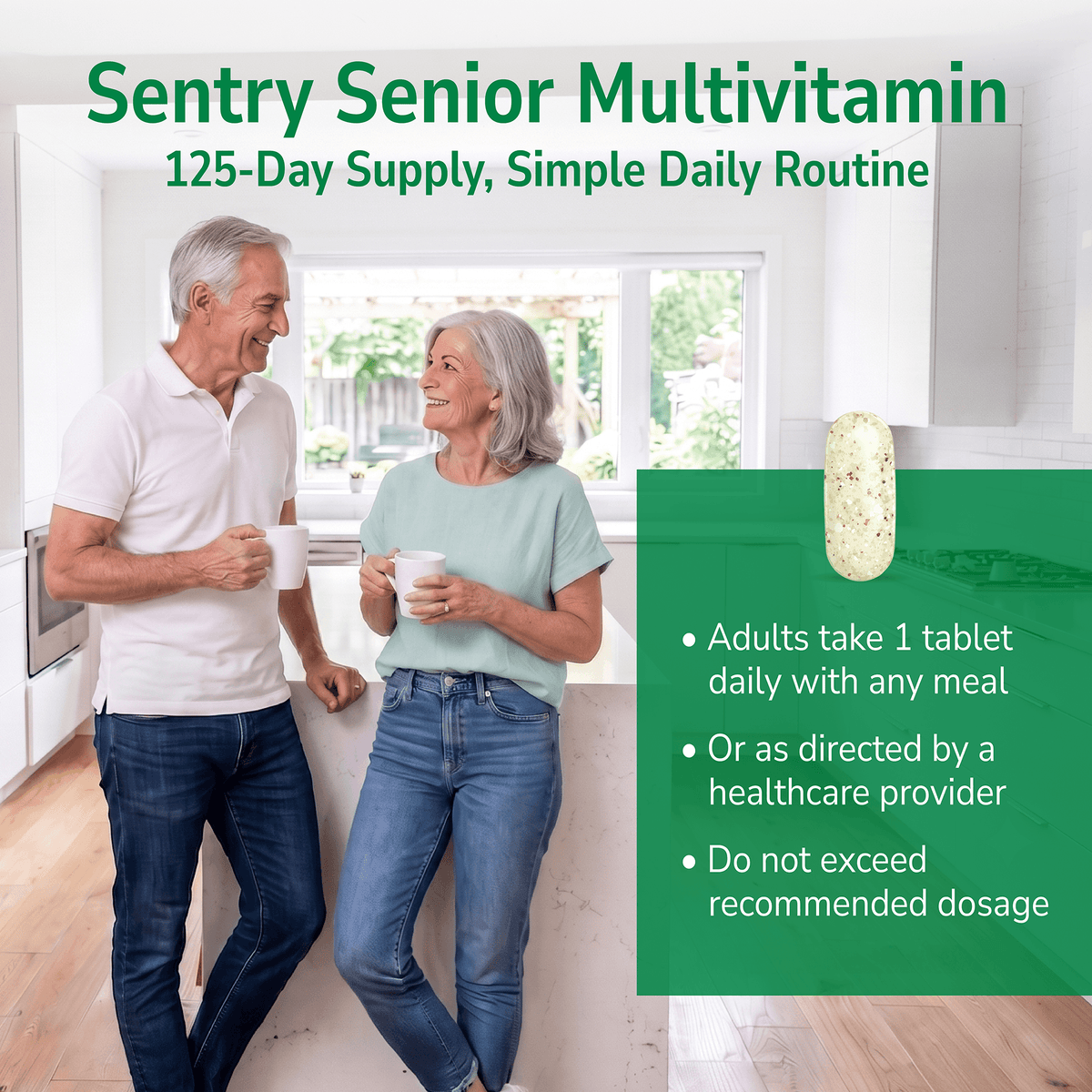 Man and woman smiling indoors with a product advertisement overlay and product directions