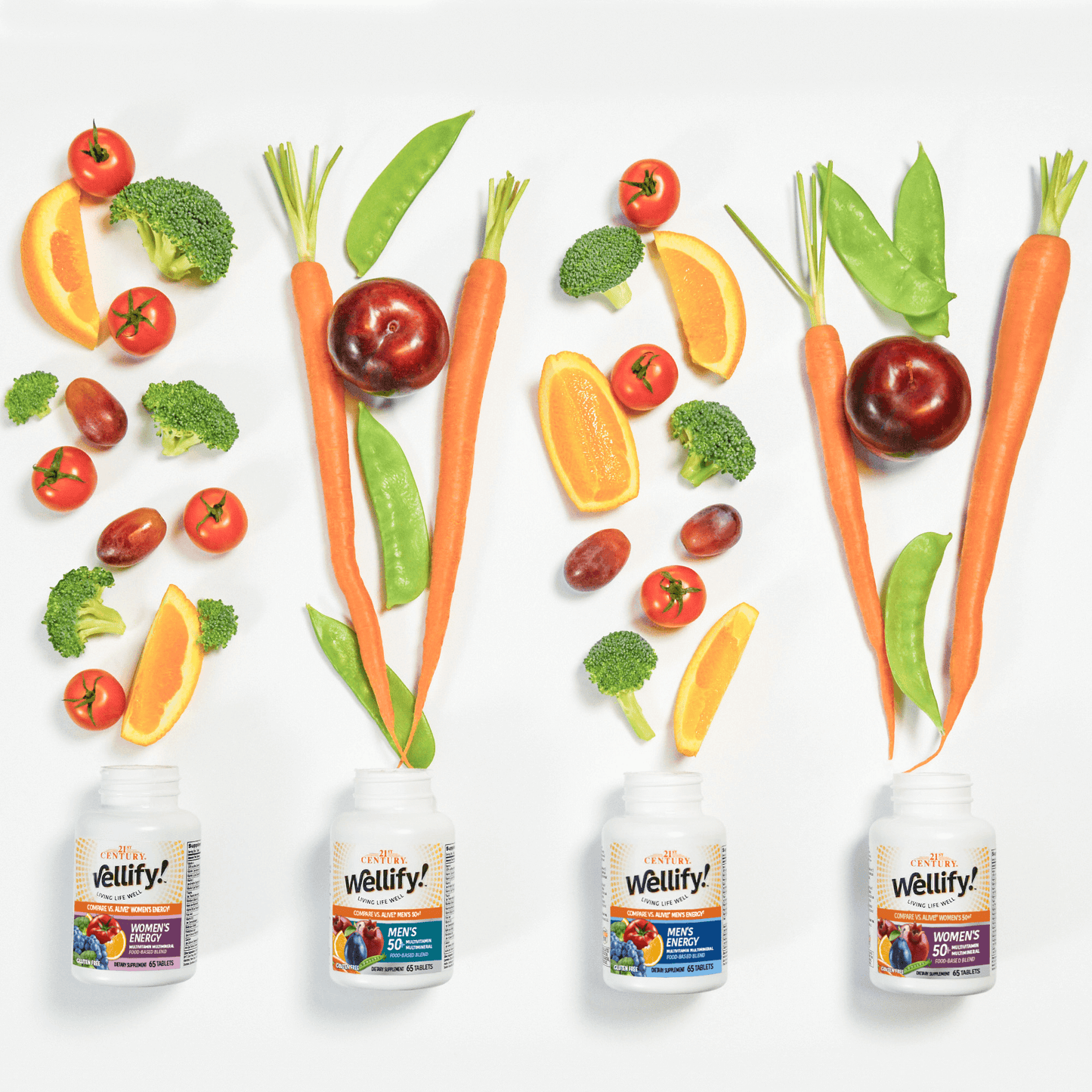 21st Century Wellify Men's Energy, Wellify Men's 50+, Wellify Women's Energy, Wellify Women's 50+ bottles laying on a surface with fruits and vegetables coming out of the top of each bottle.