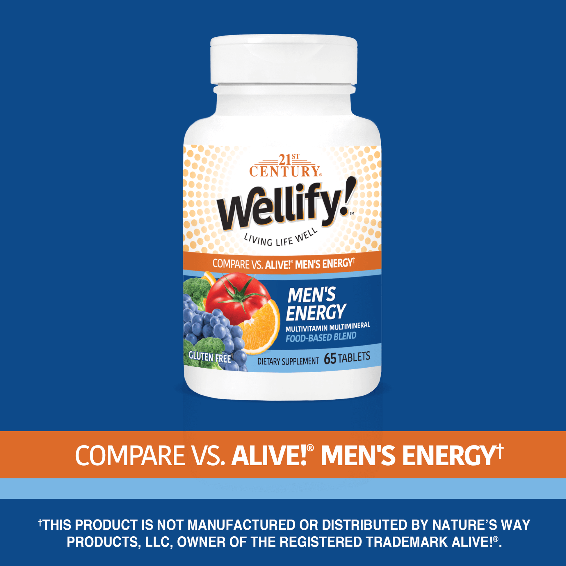A bottle of 21st Century Wellify Men's Energy tablets with the words compare vs alive! men's energy.