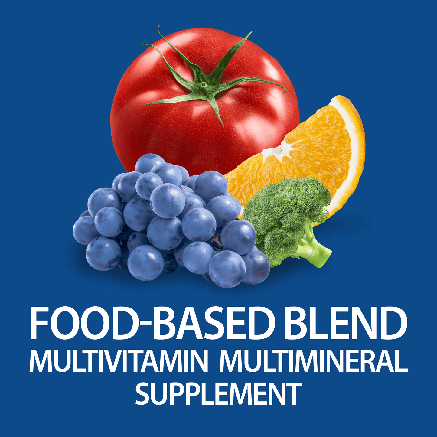 A graphic image of a tomato, grapes, orange slice and broccoli with the words food-based blend multivitamin multimineral supplement