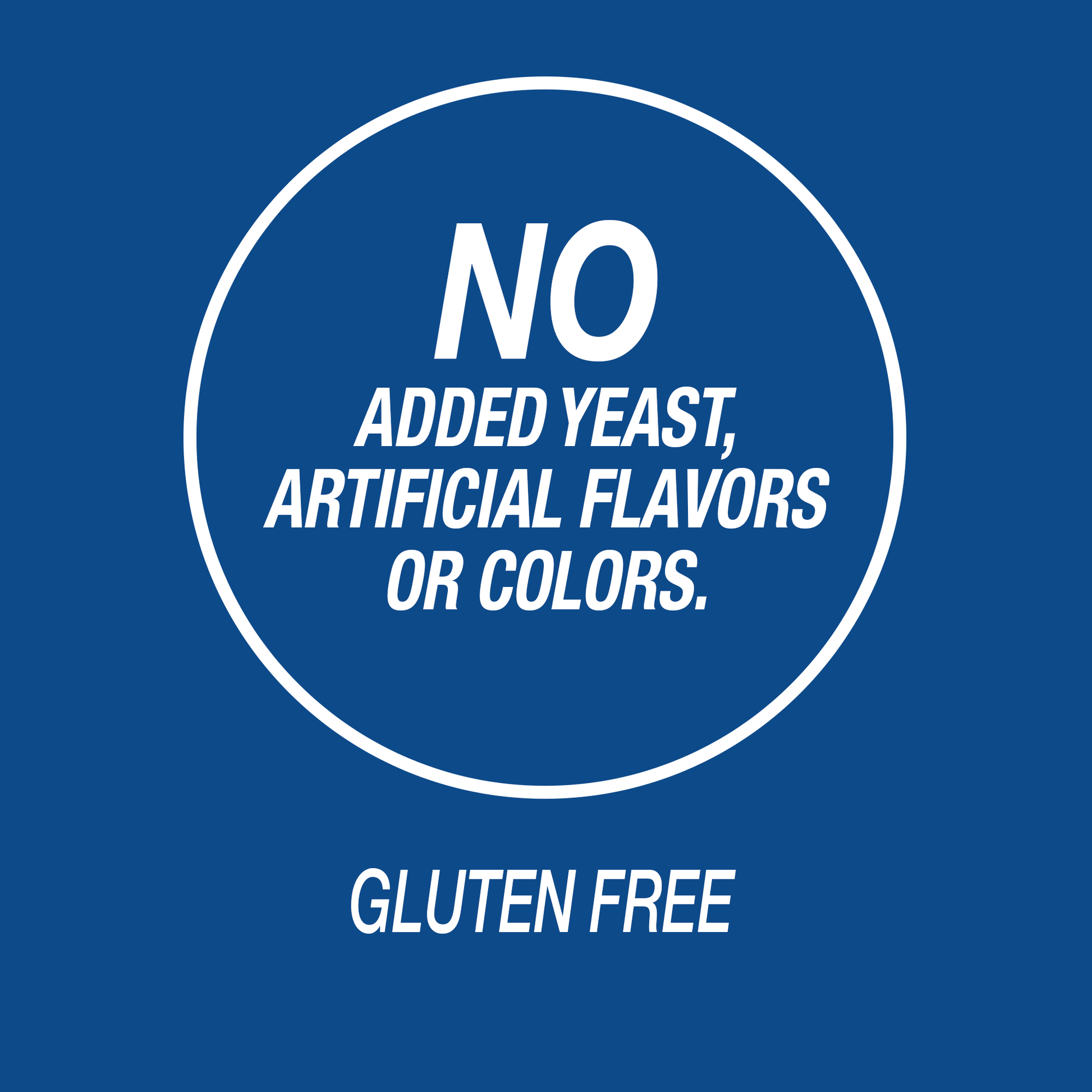 A graphic icon image with the words no added yeast, artificial flavors or colors and gluten free.