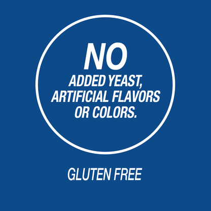 A graphic icon image with the words no added yeast, artificial flavors or colors and gluten free.