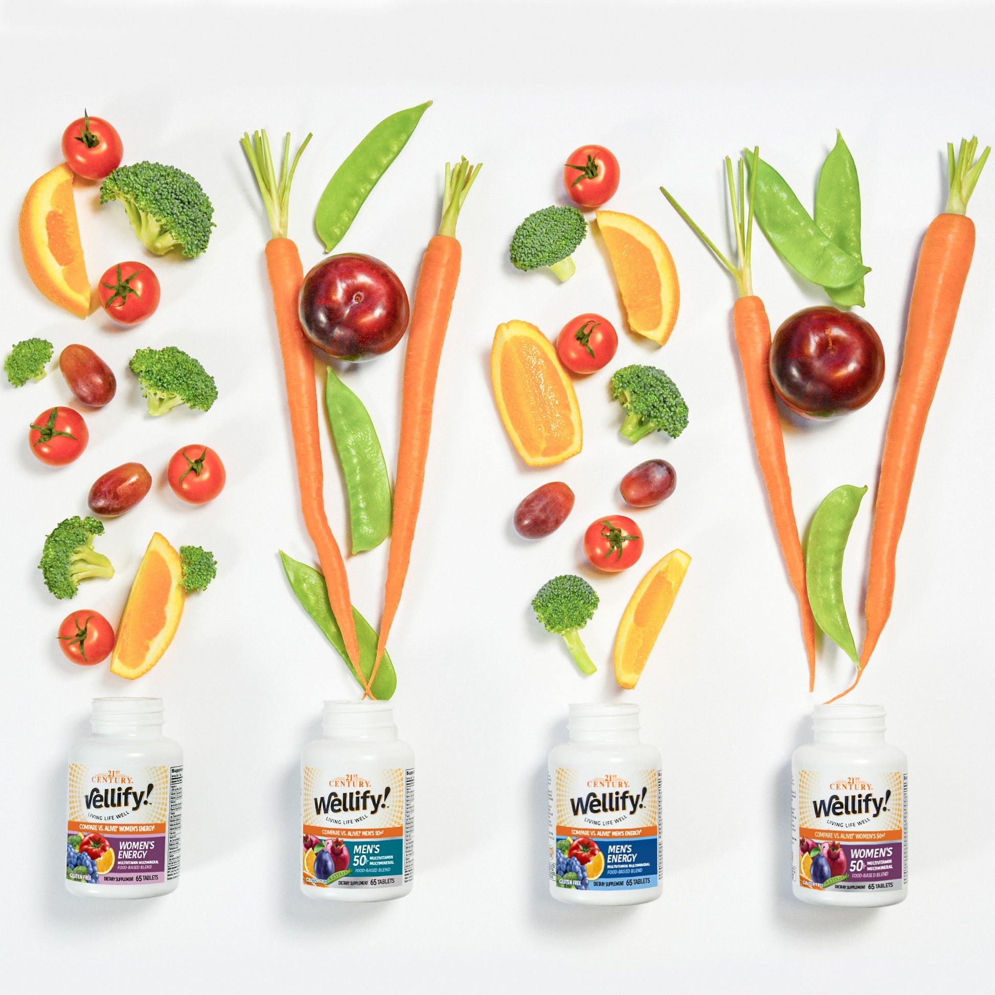 Wellify! supplement bottles arranged with fruits and vegetables on a white background.
