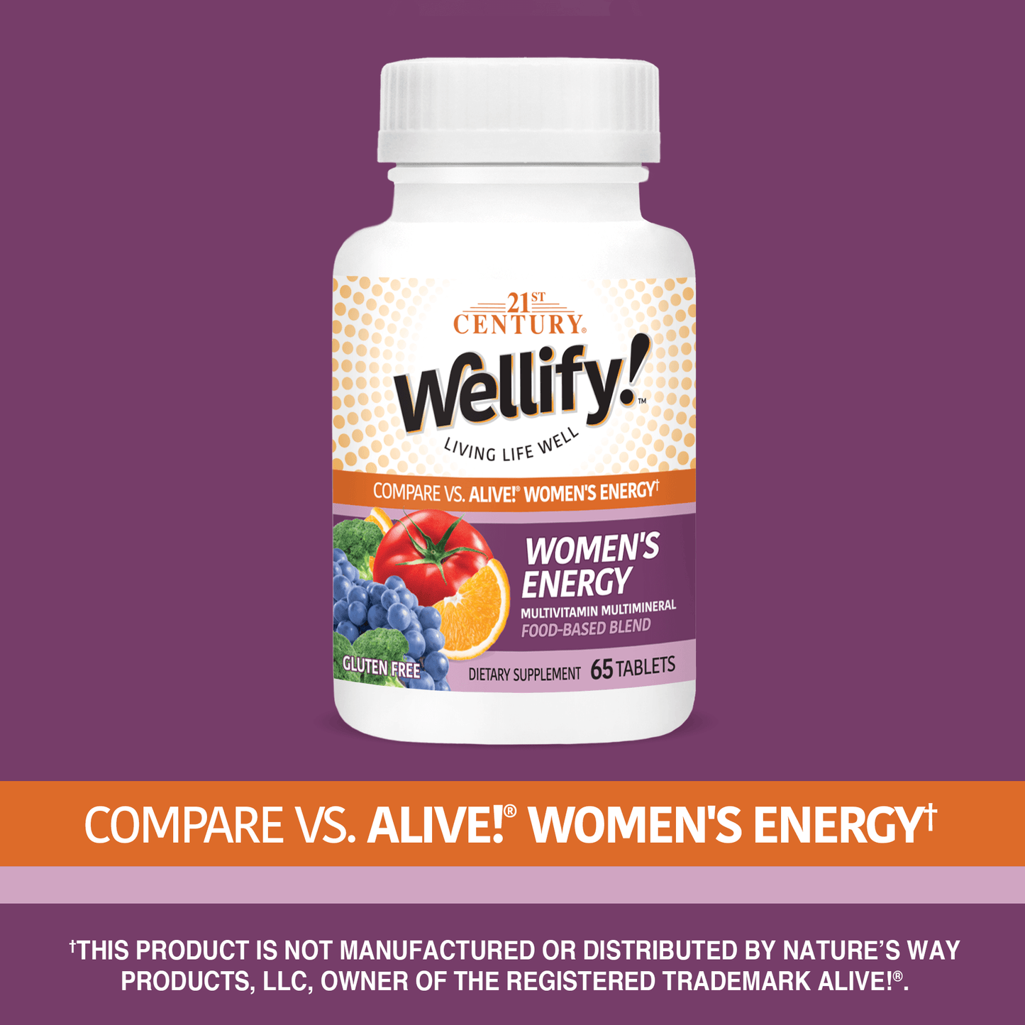 A bottle of 21st Century Wellify Women's Energy tablets with the words compare vs alive! women's energy.