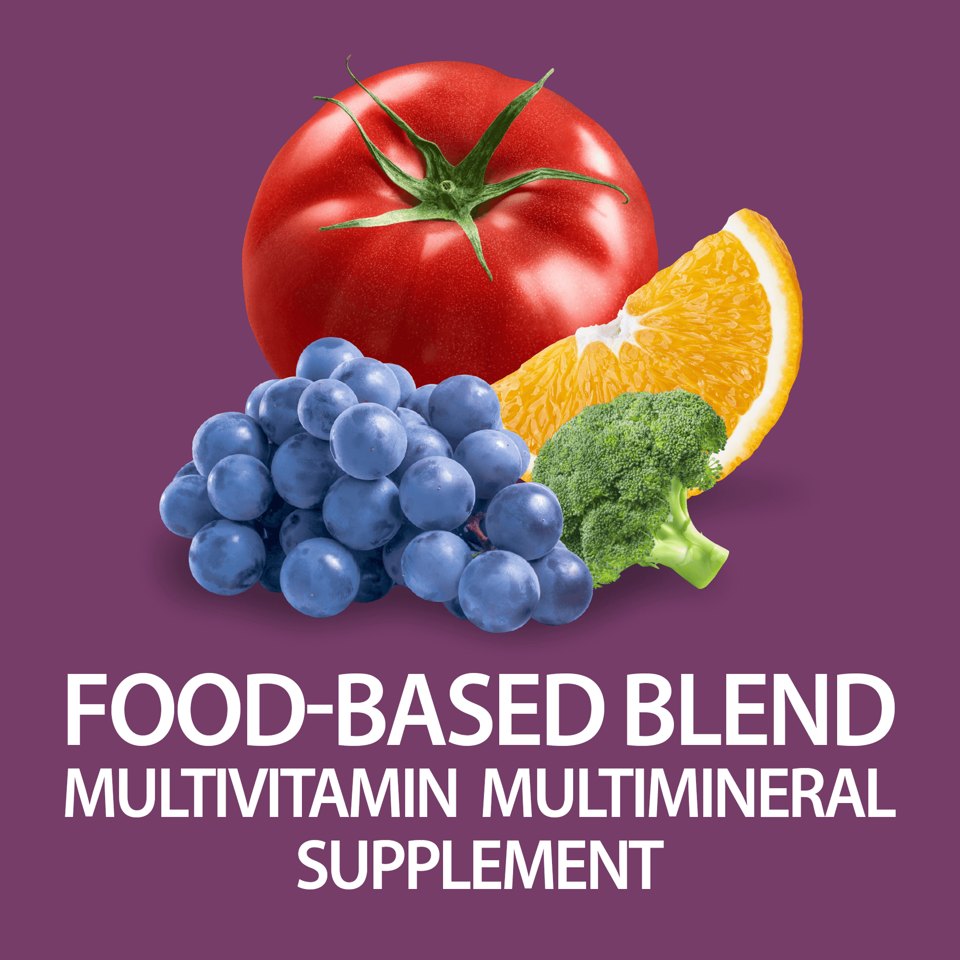 A graphic image of a tomato, grapes, orange slice and broccoli with the words food-based blend multivitamin multimineral supplement.
