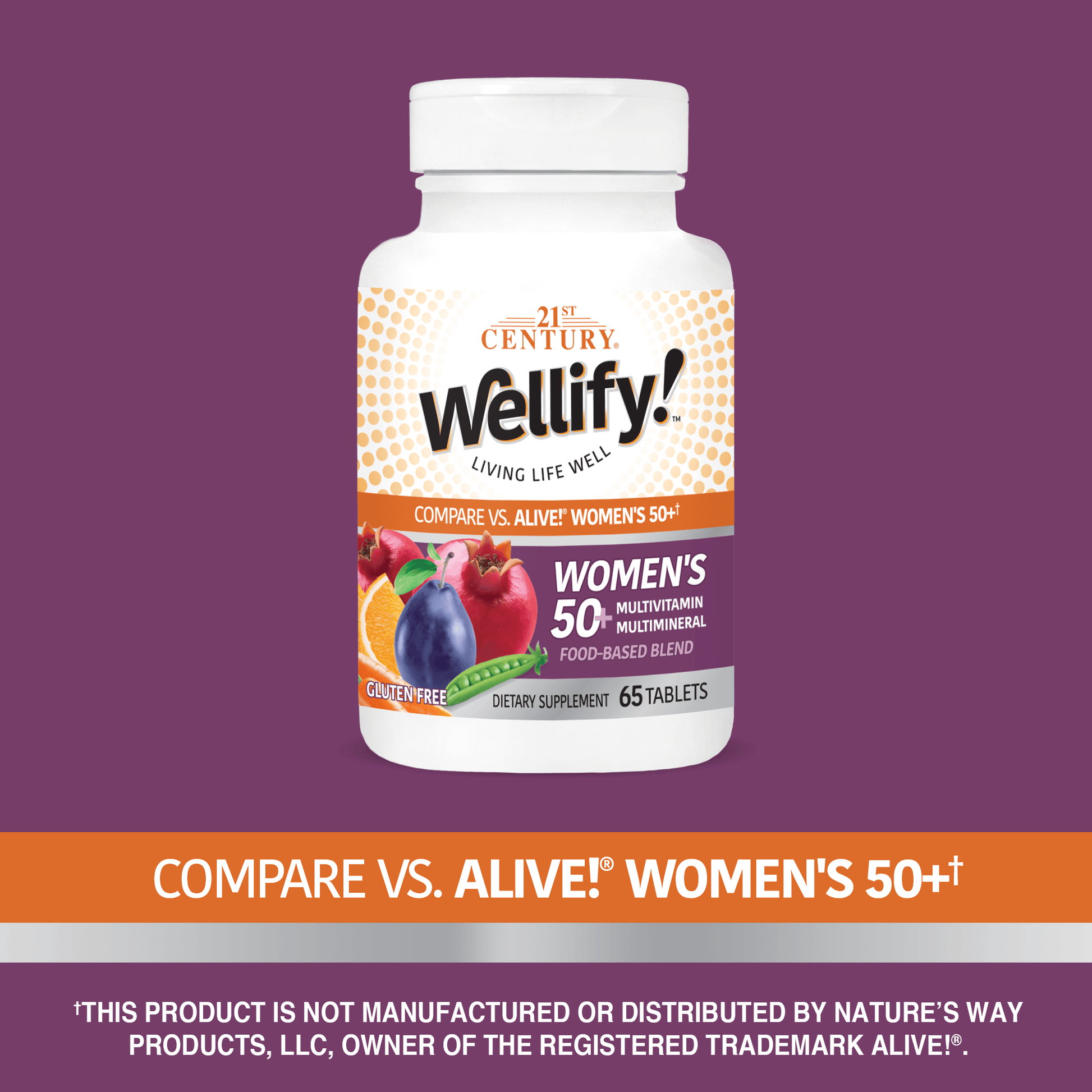 A bottle of 21st Century Wellify Women's 50+ tablets with the words compare vs alive! men's energy.