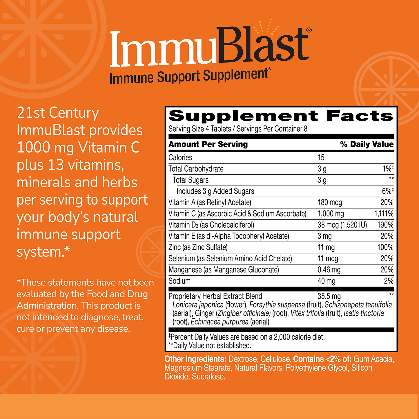 Supplement label for ImmuBlast with ingredient list and serving size on an orange background