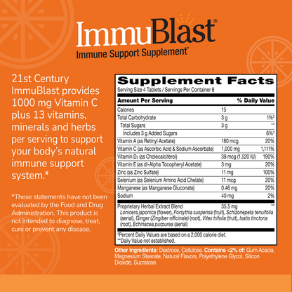 Supplement label for ImmuBlast with ingredient list and serving size on an orange background