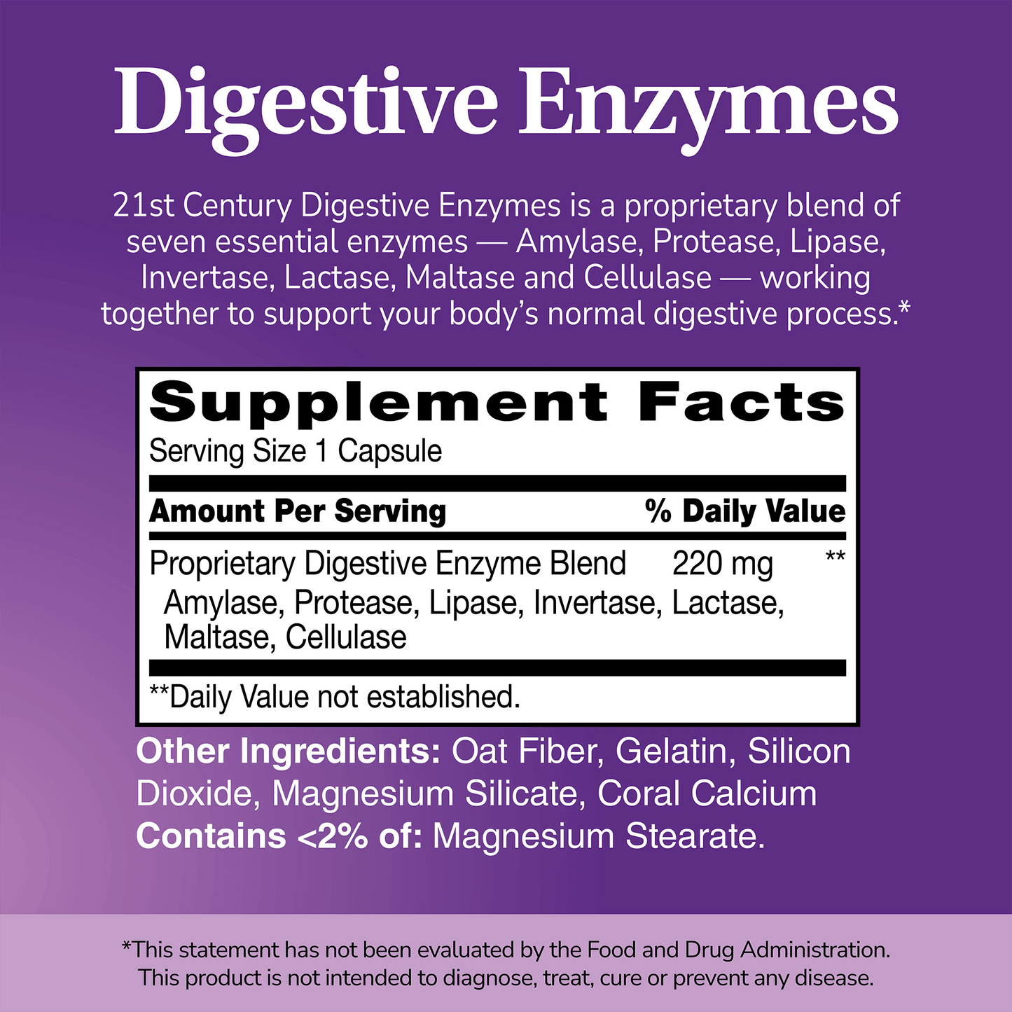 Supplement label for Digestive Enzymes with ingredient list and serving size on a purple background 