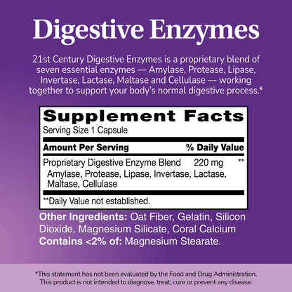 Supplement label for Digestive Enzymes with ingredient list and serving size on a purple background 