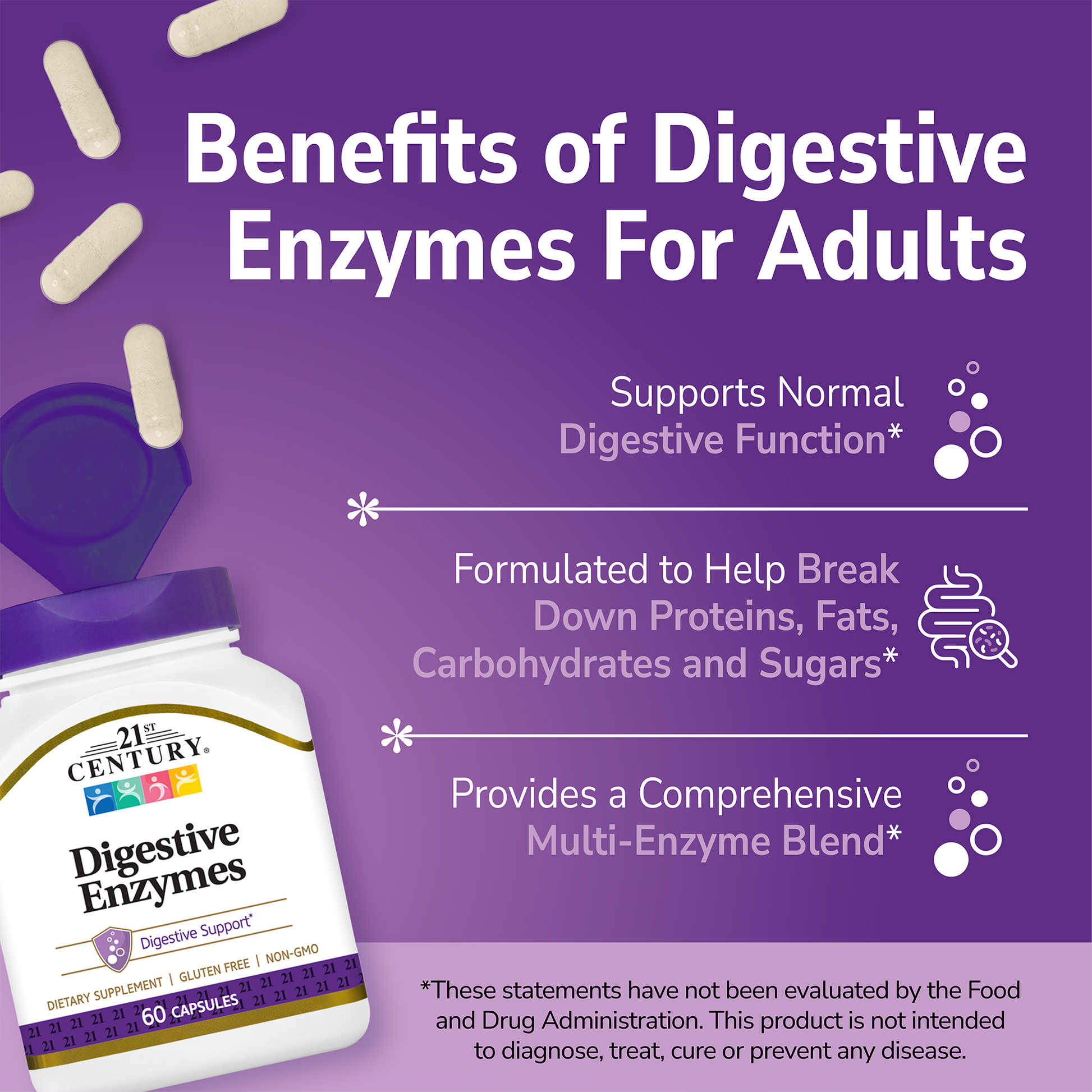 21st Century Digestive Enzymes supplement bottle with pills spilling out and white text on a purple background