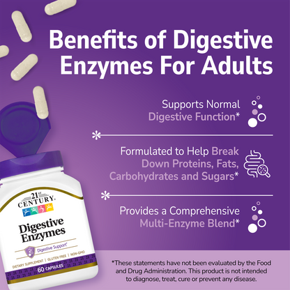 21st Century Digestive Enzymes supplement bottle with pills spilling out and white text on a purple background