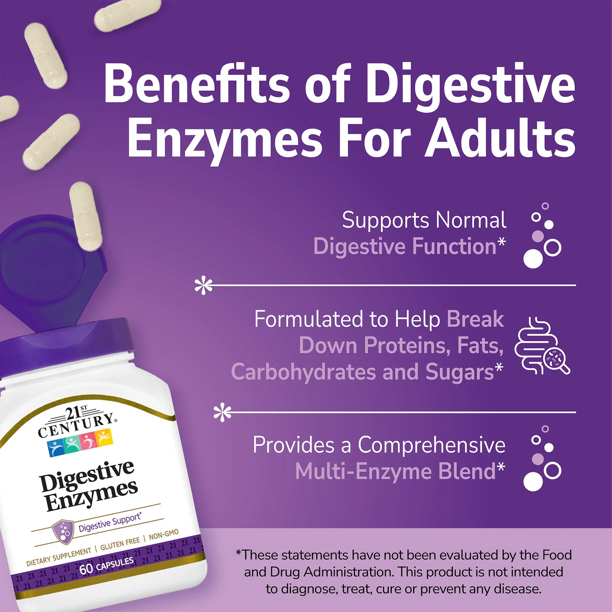 21st Century Digestive Enzymes supplement bottle with pills spilling out and white text on a purple background