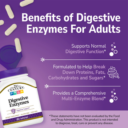 21st Century Digestive Enzymes supplement bottle with pills spilling out and white text on a purple background