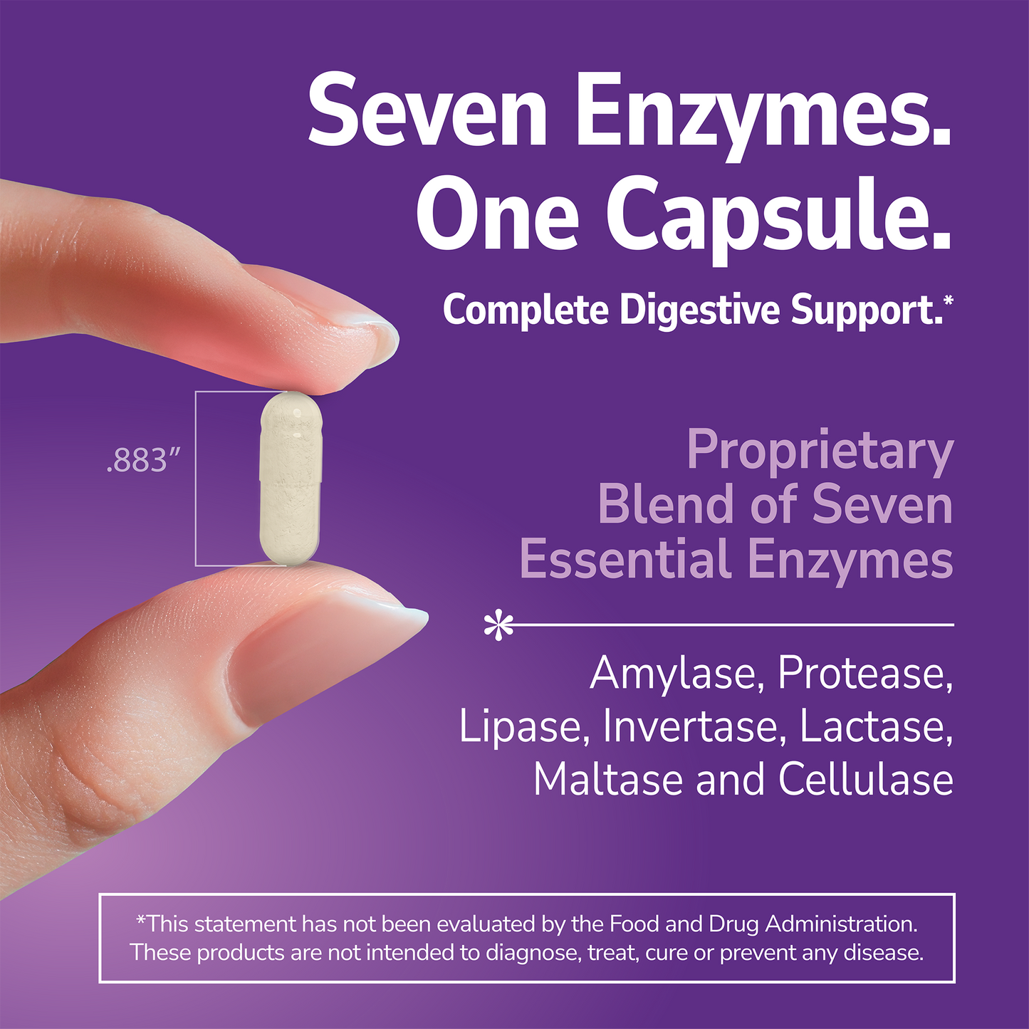 Hand holding a Digestive Enzyme supplement with text about product benefits on a purple background
