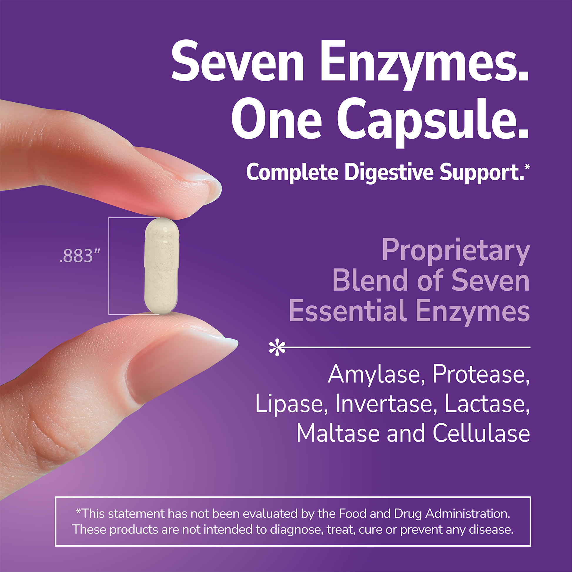 Hand holding a Digestive Enzyme supplement with text about product benefits on a purple background