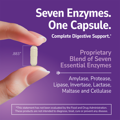 Hand holding a Digestive Enzyme supplement with text about product benefits on a purple background