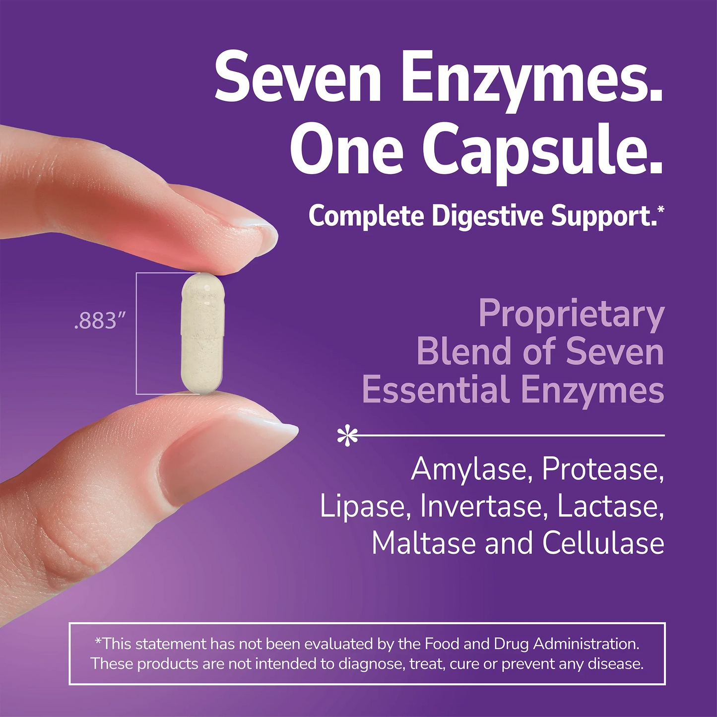 Hand holding a Digestive Enzymes supplement with text about product benefits on a purple background