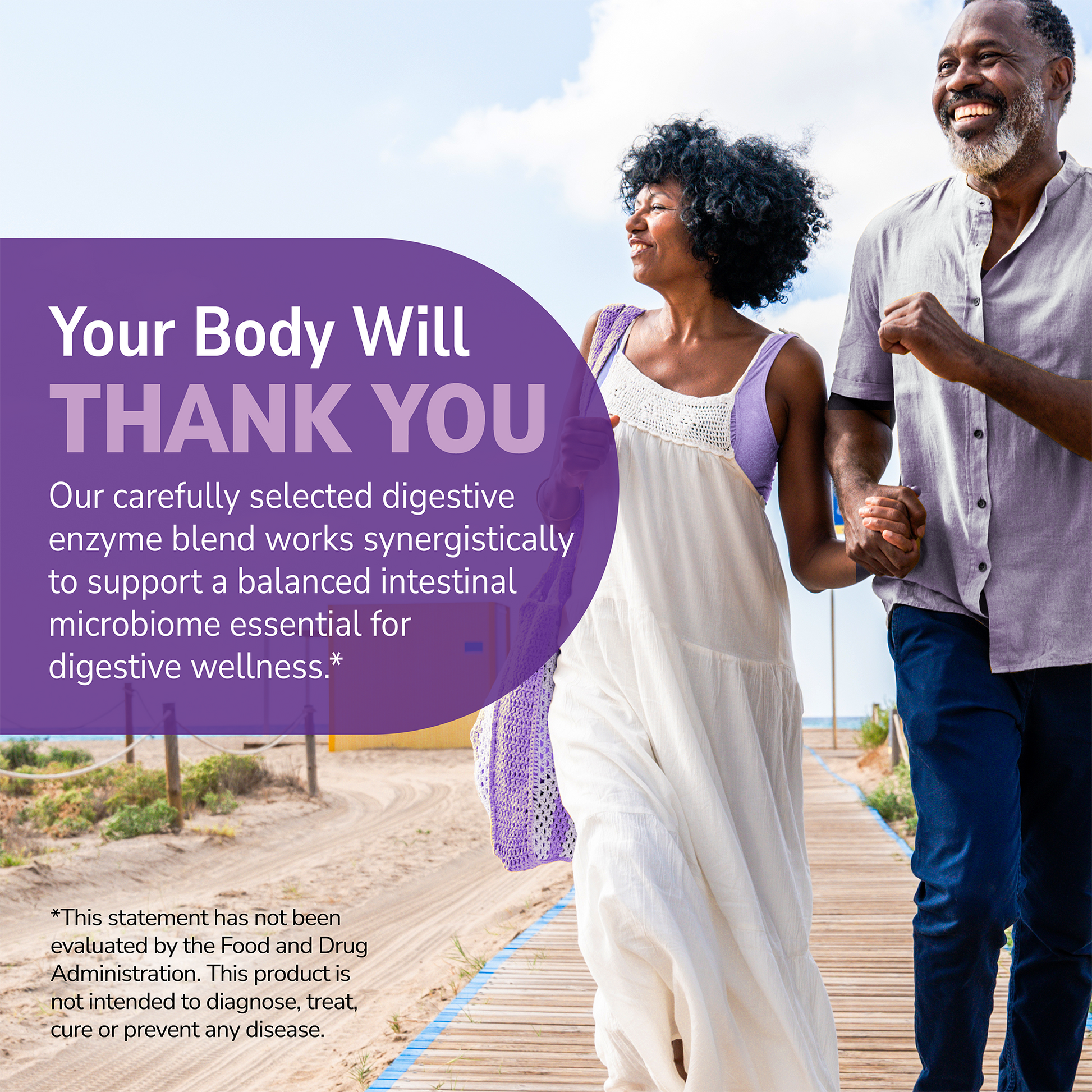 Couple walking on a beach with health supplement information overlay