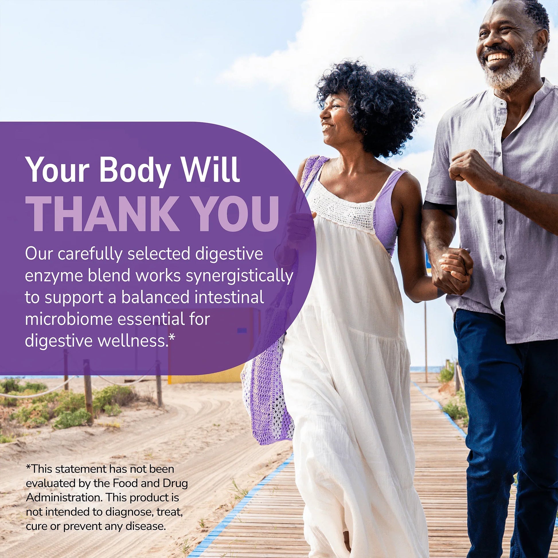 Couple walking on a beach with health supplement information overlay