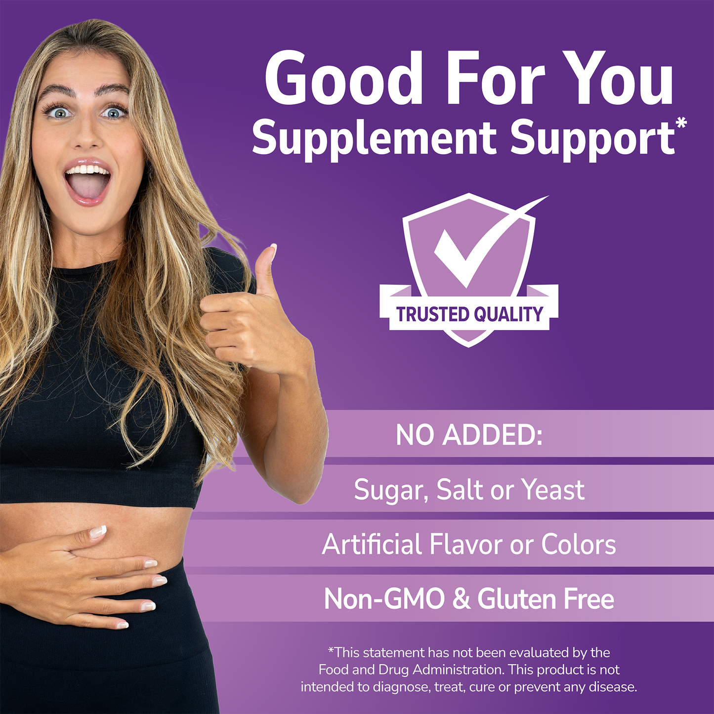 Woman holding her stomach with 'Good For You' branding on a purple background