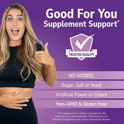 Woman holding her hand out with Good For You branding on a purple background and No Added info