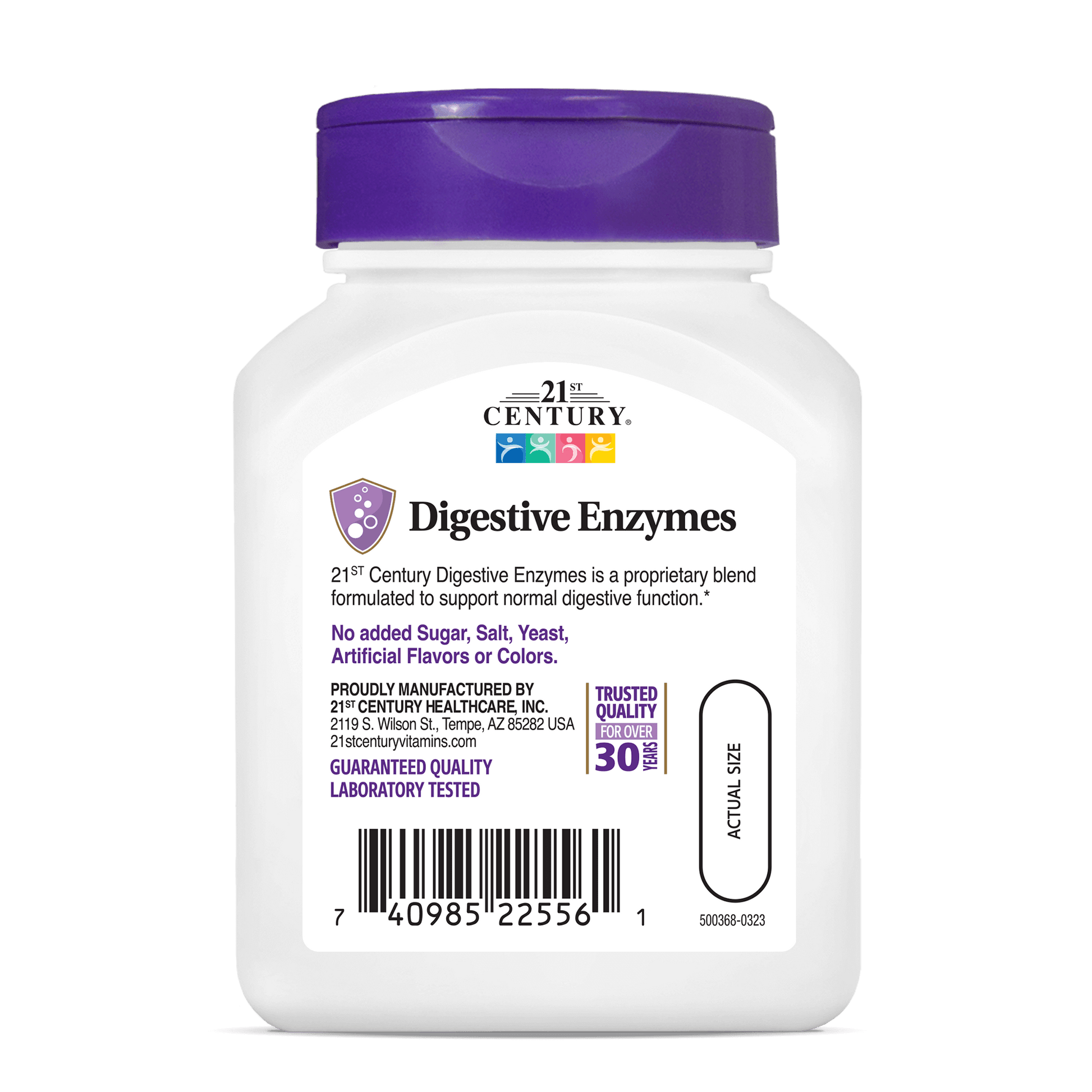 Back side bottle view of 21st Century Digestive Enzymes capsules.