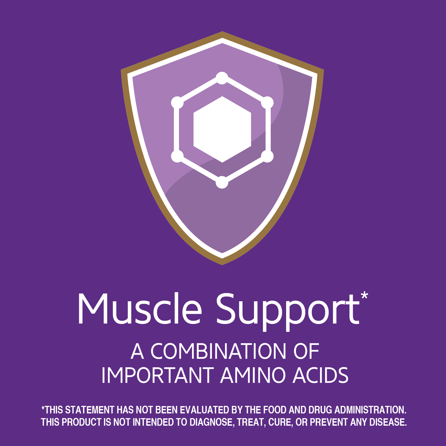 Muscle support claim with the words a combination of important amino acids and an amino acid graphic icon.