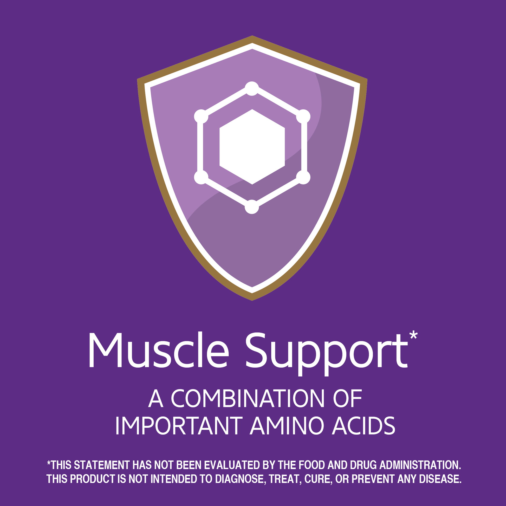 Muscle support claim with the words a combination of important amino acids and an amino acid graphic icon.
