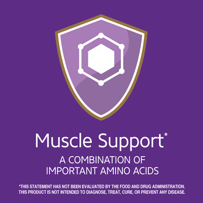 Muscle support claim with the words a combination of important amino acids and an amino acid graphic icon.