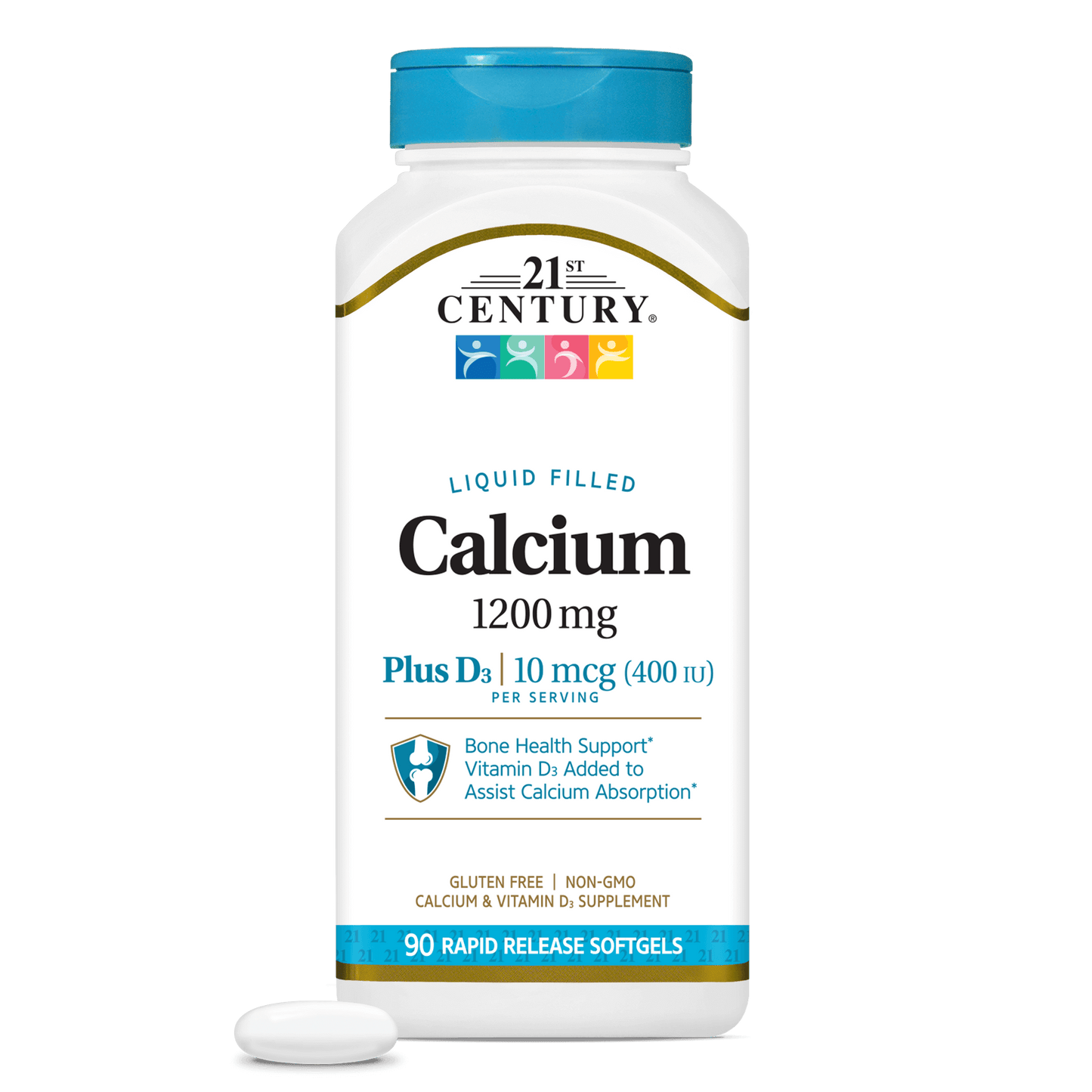 A bottle of 21st Century Calcium 1200 mg Plus D3 10 mcg liquid filled, rapid release softgels.