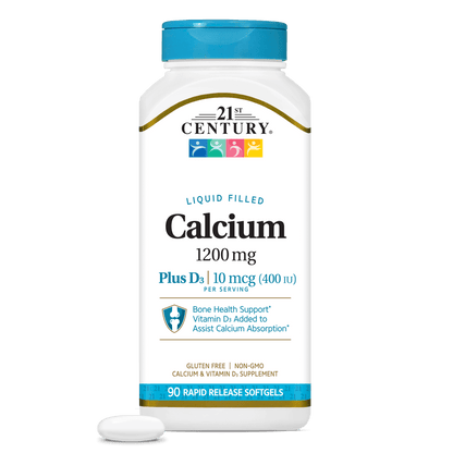 A bottle of 21st Century Calcium 1200 mg Plus D3 10 mcg liquid filled, rapid release softgels.