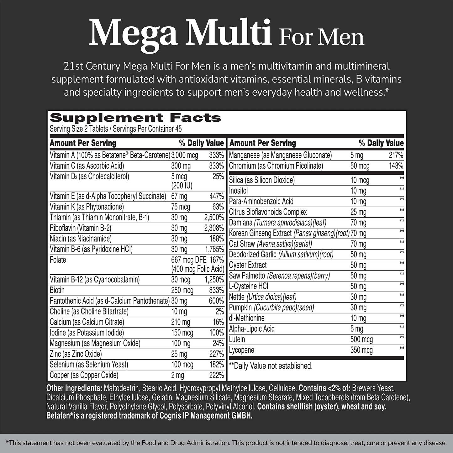 Supplement label for Mega Multi for Men with ingredient list and serving size on a dark gray background 