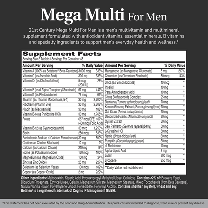 Supplement label for Mega Multi for Men with ingredient list and serving size on a dark gray background 