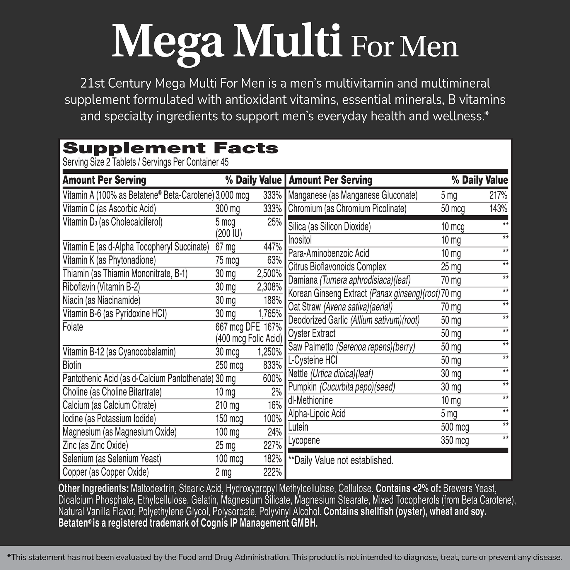 Supplement label for Mega Multi for Men with ingredient list and serving size on a black background