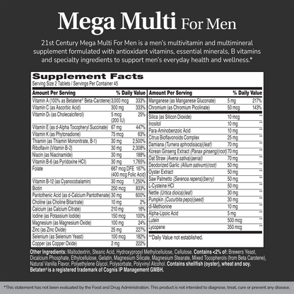 Supplement label for Mega Multi for Men with ingredient list and serving size on a black background