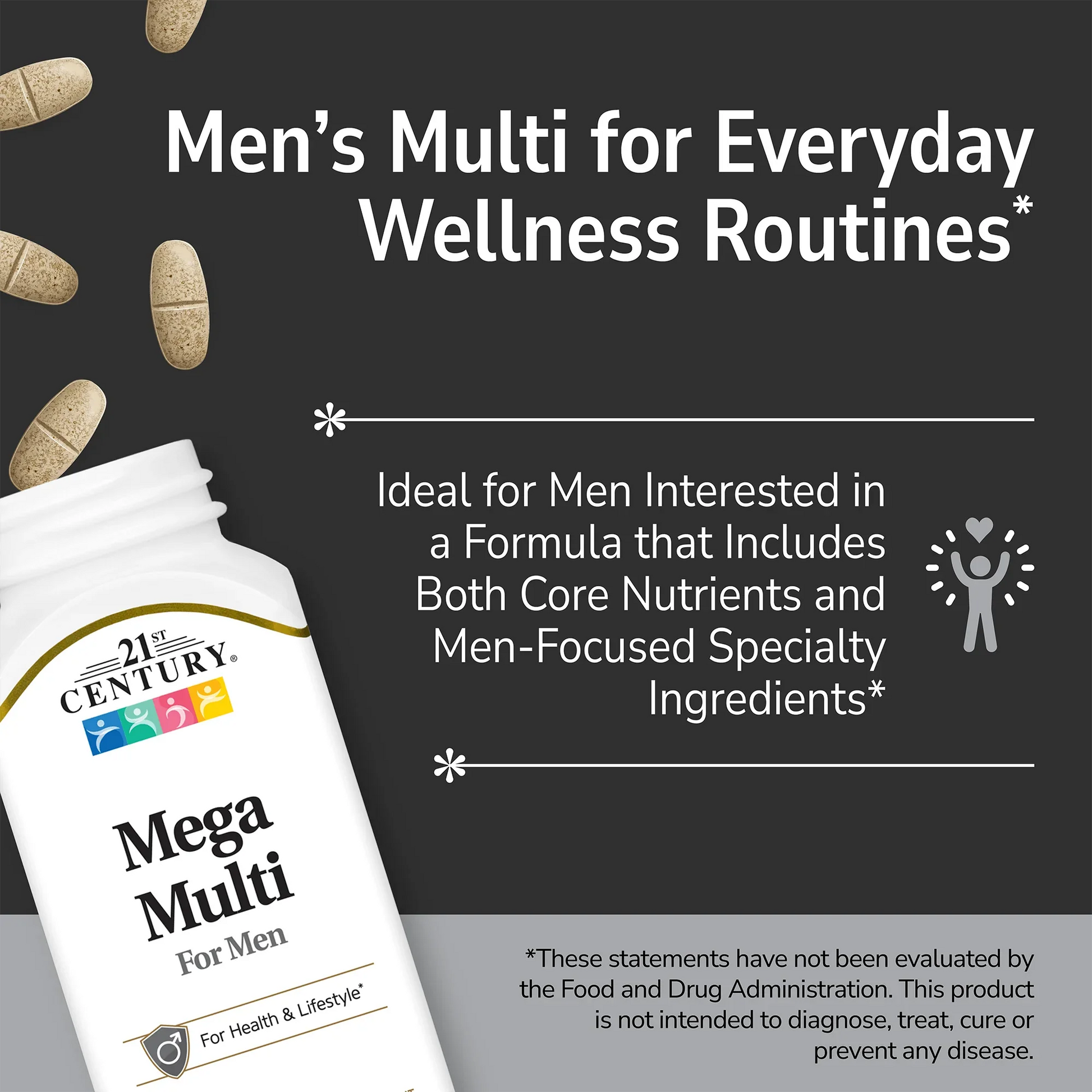 21st Century Mega Multi for Men supplement bottle with pills spilling out and white text on a dark gray background