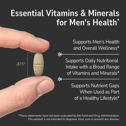 Hand holding a Mega Multi for Men supplement with text about product benefits on a dark gray background