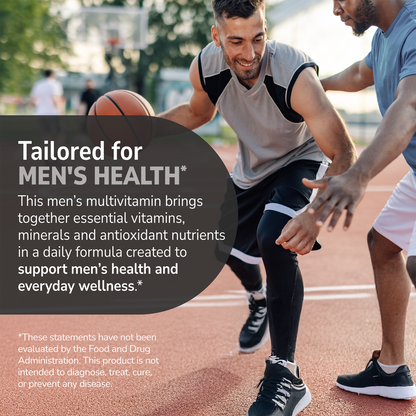 Men playing basketball with health supplement information overlay
