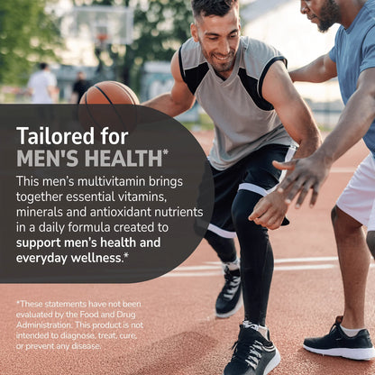 Man playing basketball with health supplement information overlaying 