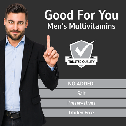 Man holding his hand up with 'Good For You' branding on a black background