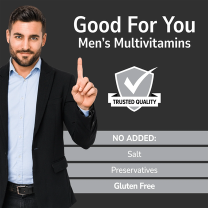 Man holding his hand out with Good For You branding on a dark gray background and No Added info
