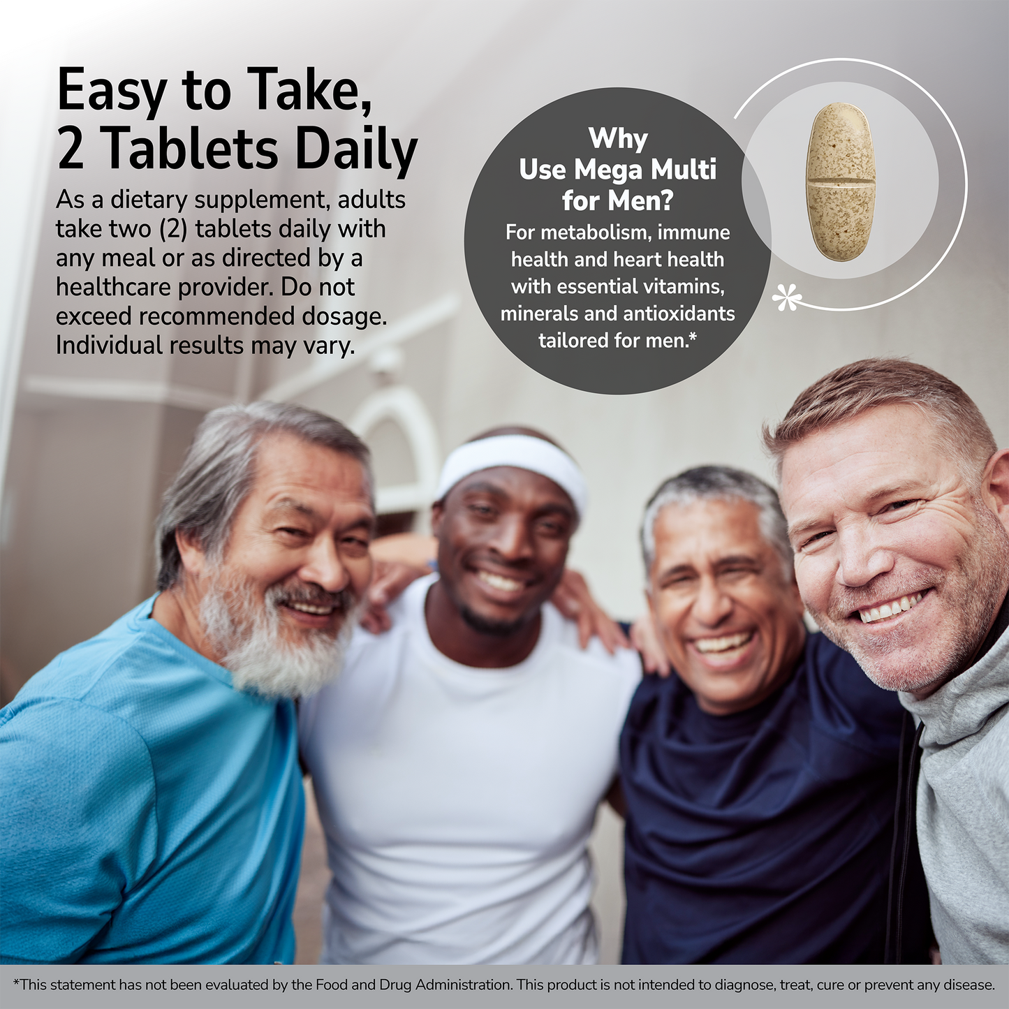 Four men smiling indoors with a product advertisement overlay and product directions